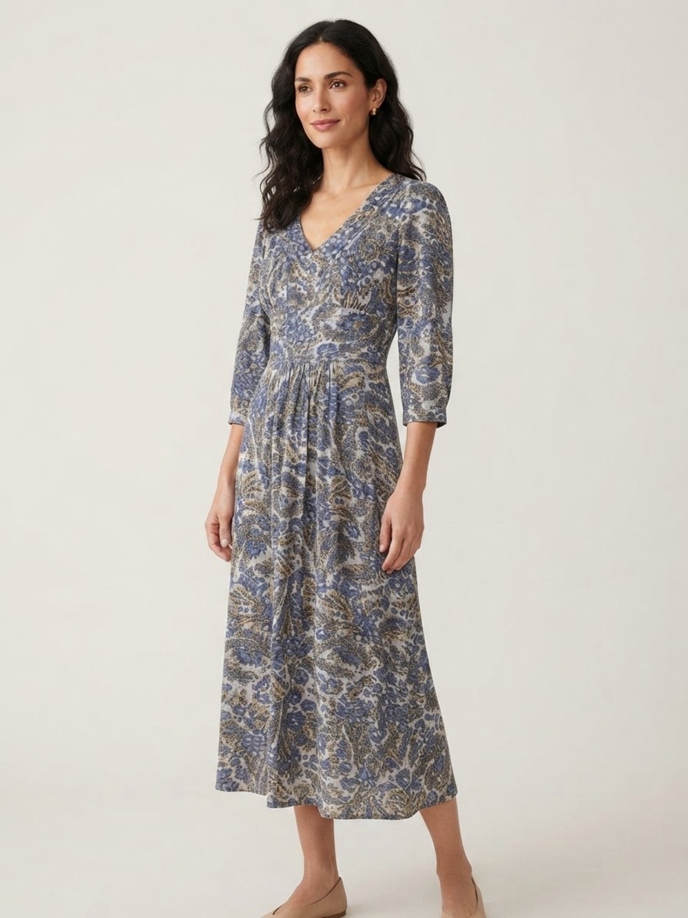 April Cornell Sz M Floral Blue Cottagecore Tie Waist Midi Dress